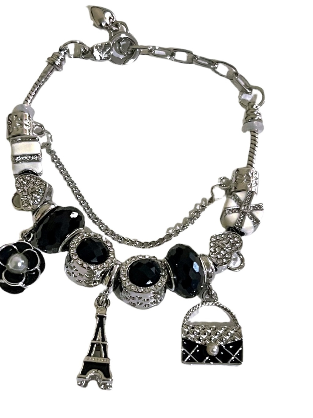 ⭐️Silver-Tone Black Charm Bracelet with Eiffel Tower and Handbag⭐️